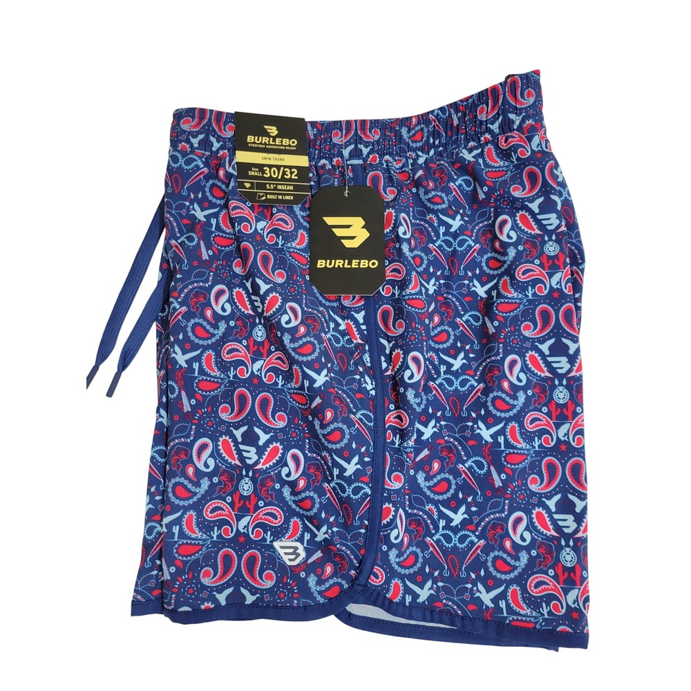 Burlebo Swim Trunks Men Small 30/32 Navy Paisley 5.5" Inseam Built-In Liner Fish